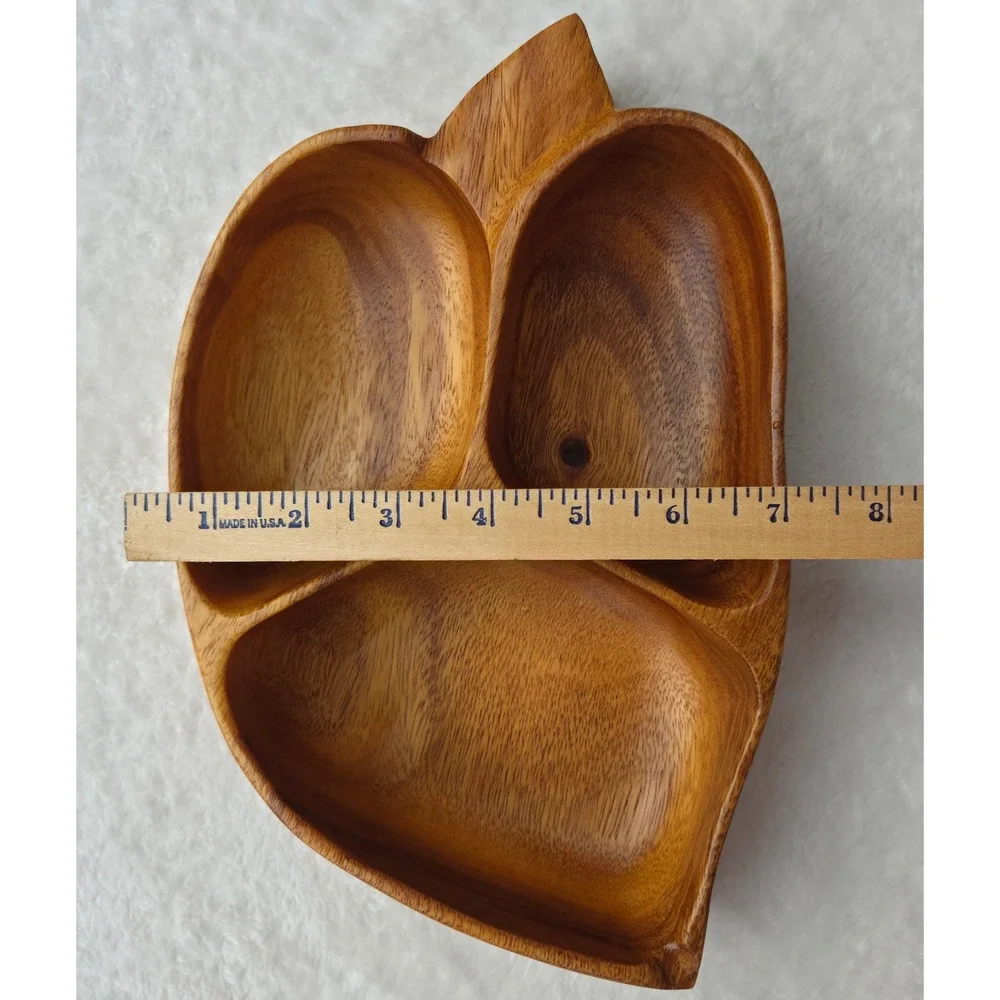VIntage MCM Monkey Pod Wood Leaf Serving Tray 3 Section Divided Snack DIsh Tiki